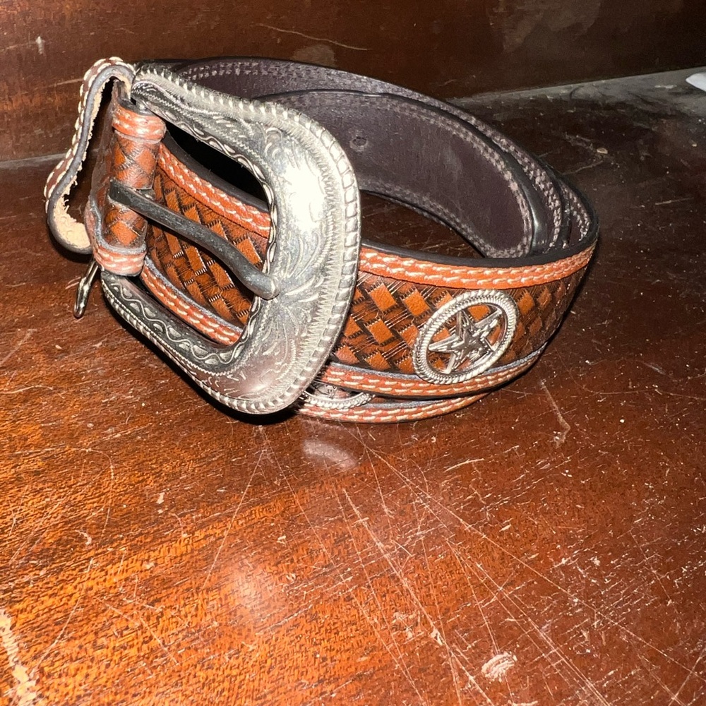 Men’s western basket weave Brown Leather Belt with Silver Buckle
